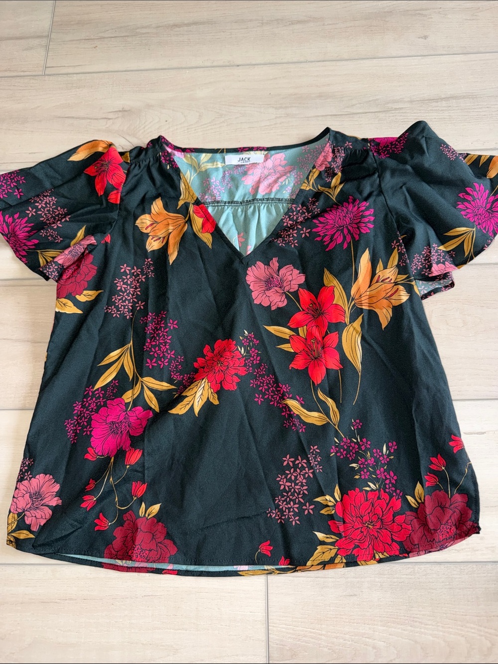 Jack by BB Dakota Green Black Floral V-Neck Top with Pink & Red Blooms